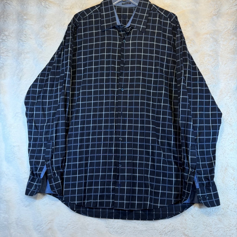 Bugatchi Uomo Mens Classic Fit Windowpane Check Button Down Shirt Navy Blue XL